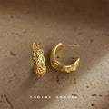 Gold Textured Molten C-Shape Huggie Stud Earrings Pair view 3