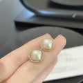 Gold Tone Diamond Pearl Stud Earrings Decorative Jewelry Pair view 2