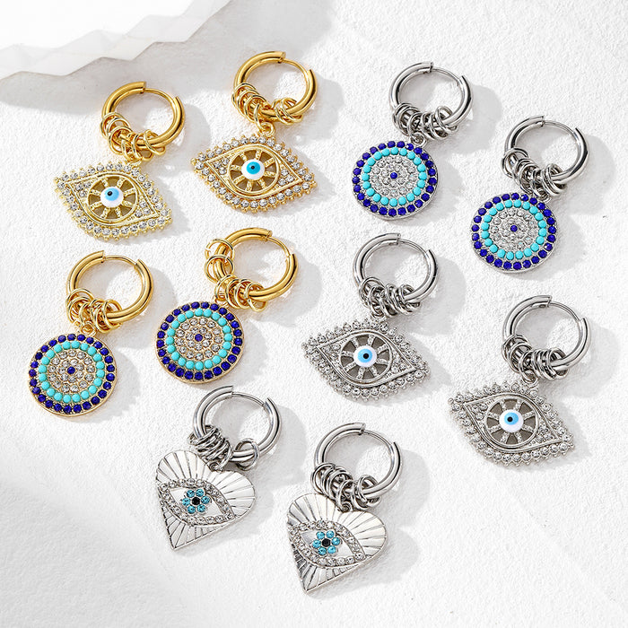 Gold and Silver Tone Multi Ring Crystal Evil Eye Huggie Earrings