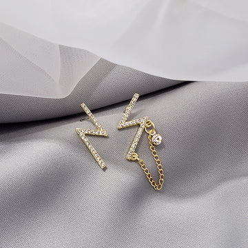 Gold Pavé Lightning Bolt Asymmetric Stud Earrings Chain Drop