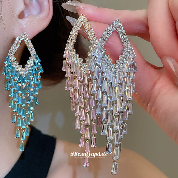 Crystal Diamond Frame Fringe Stud Earrings in Three Colors