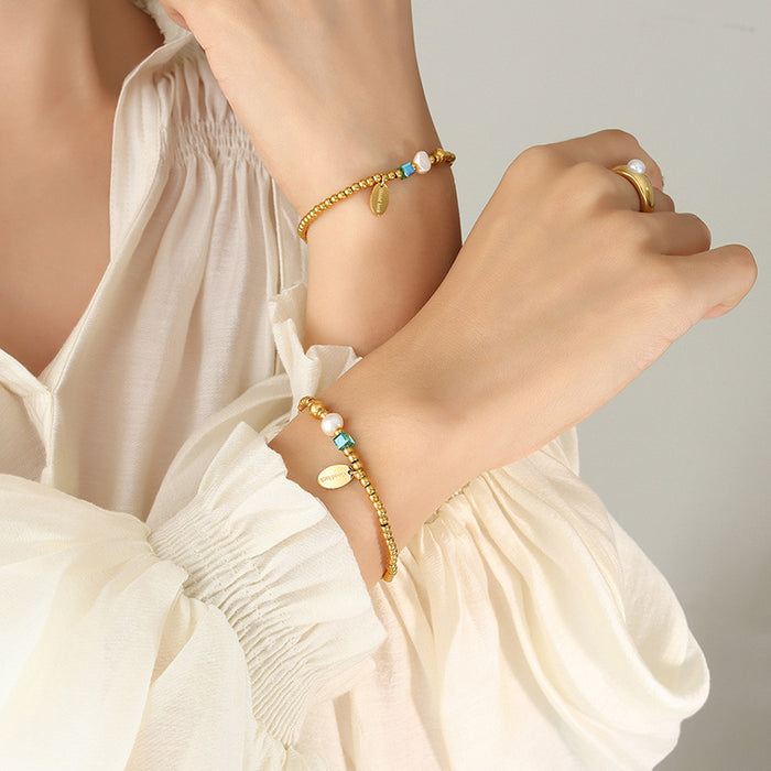 Gold Bead Bracelet Pearl Crystal Cube Good Luck Tag Charm