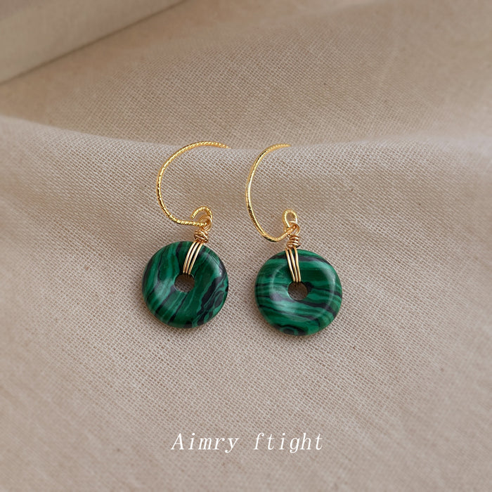 Gold Hook Green Malachite Donut Pendant Drop Earrings