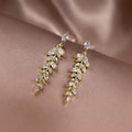 Marquise Leaf Sprig Crystal Drop Earrings in Gold Tone view 1