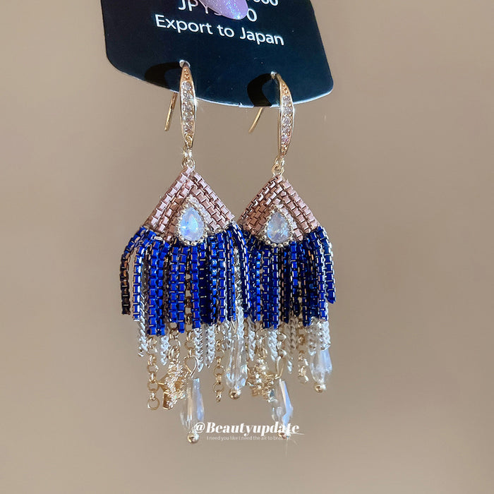 Blue Beaded Fringe Teardrop Hook Earrings with Clear Stones