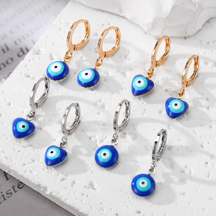 Gold and Silver Tone Blue Evil Eye Huggie Drop Earrings