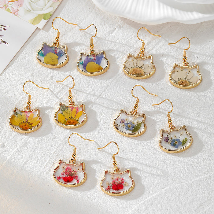 Cat Head Resin Dried Flower Dangle Earrings Gold Hooks 4 Styles