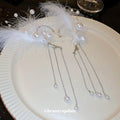 White Feather Ear Cuffs With Pearl and Chain Drops view 2