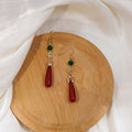Green Bead Cloud and Red Teardrop Gold Hook Earrings view 3