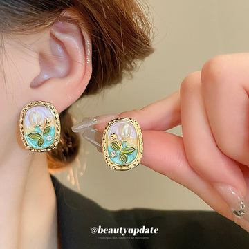 Pastel Garden Floral Oval Stud Earrings With Gold Trim