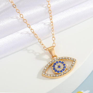 Blue Evil Eye Pendant Necklace with Gold-Tone Chain and Crystal Border