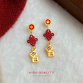 Red Coin Chinese Knot Gold Fa Cai Cube Drop Earrings Pair view 4