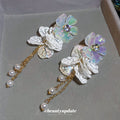 Iridescent White Flower Leaf and Pearl Tassel Stud Earrings view 2