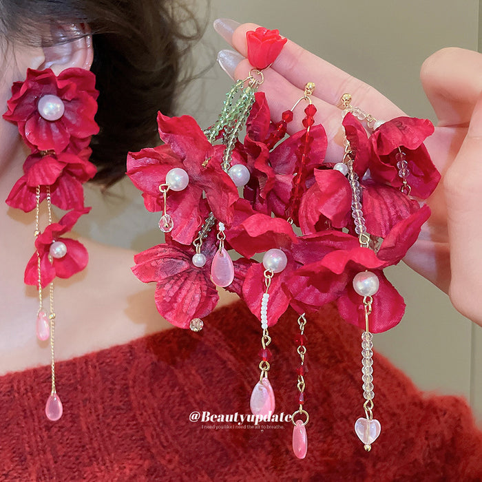 Red Fabric Floral Drop Earrings in Four Distinct Designs