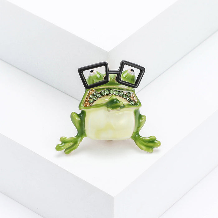 Green Frog in Square Glasses Brooch with Crystal Detail