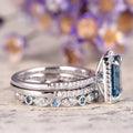 Aqua Rectangular Halo And Vine Band Two-Ring Set In Silver Tone view 3