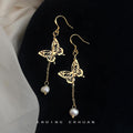 Gold Tone Butterfly Long Chain White Pearl Like Hook Earrings view 4