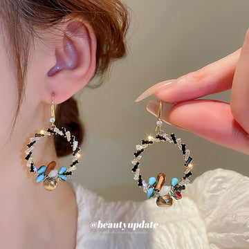 Multicolor Beaded Basket Hoop Hook Earrings with Polished Metal Accents