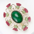Green Oval Thistle Wreath Brooch with Burgundy Enamel Flowers view 4