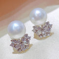 Silver Tone Pearl Stud Earrings Clear Flower CZ Cluster view 4