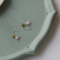 Gold Tone Green Leaf And Pink Flower Fruit Hook Earrings view 3