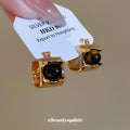Pair of Metal Tone Gold Tone Square Brown Cabochon Hoop Earrings view 1