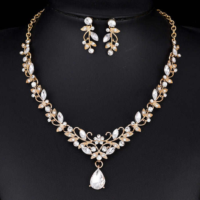 Black Silver Tone Floral Vine Teardrop Crystal Two Designs Metal Necklace and Earring Set