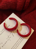 Glossy Red Wide Open Hoop Stud Earrings With Metal Details view 6