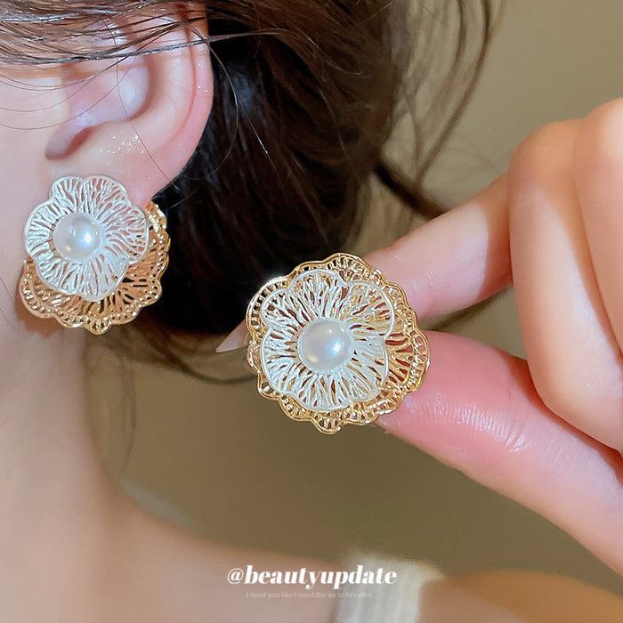 Layered Gold Tone Flower Stud Earrings with Pearl Centers