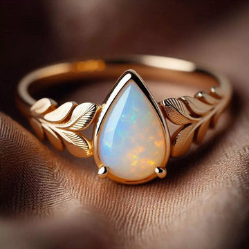 Champagne Gold Teardrop Opal Leaf Band Ring Sizes 6-10