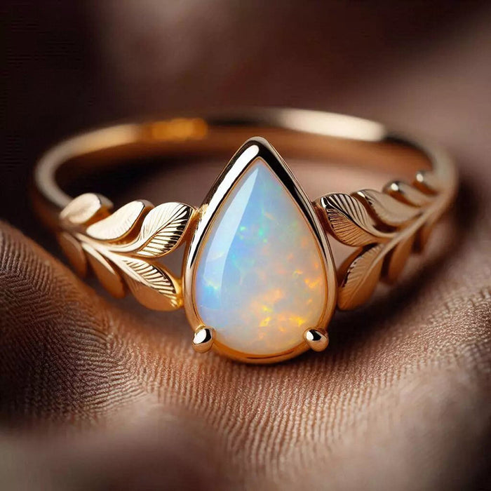 Champagne Gold Teardrop Opal Leaf Band Ring Sizes 6-10
