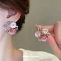 Pink Crystal Flower Cluster Stud Earrings With Decorative Metal Accents view 1