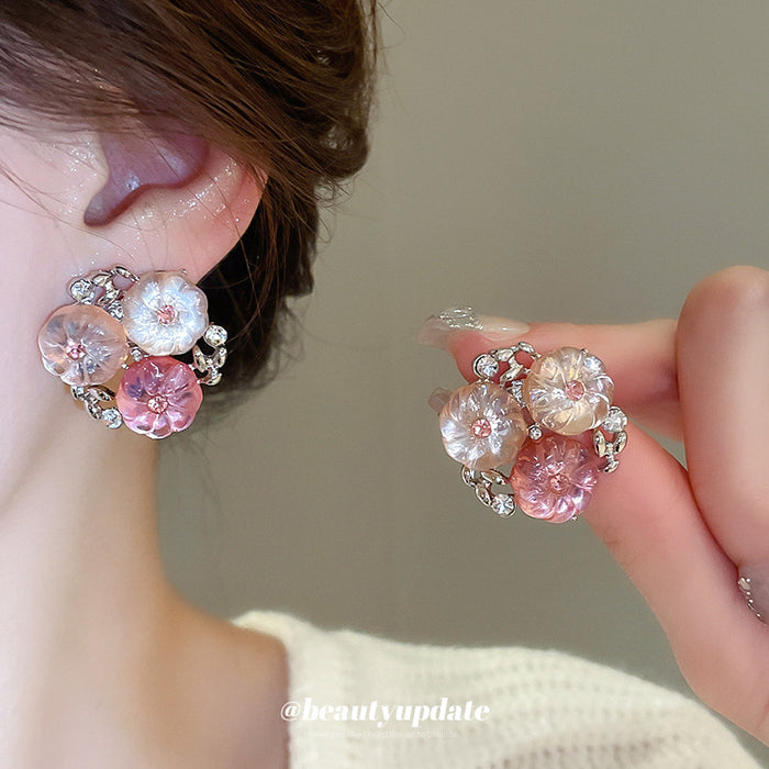 Pink Crystal Flower Cluster Stud Earrings With Decorative Metal Accents