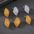 Wheat Leaf Texture Stud Earrings Gold And Steel Metal Finish view 4