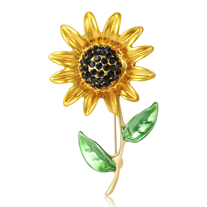 Golden Yellow Sunflower Enamel Brooch With Green Leaves