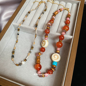 Red Orange Mixed Bead Spiral Shell Statement Necklace