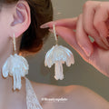 White Floral and Shell Drop Earrings with Beaded Tassels view 2