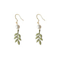 Gold Tone White Pearl And Green Leaf Branch Hook Earrings view 5