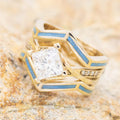 Gold Tone Geometric Ring with Blue Enamel and Clear Center view 1
