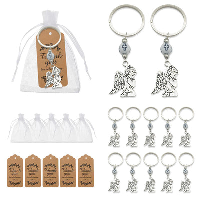 Collage showing winged angel keychains, white drawstring bags, and brown thank-you tags.