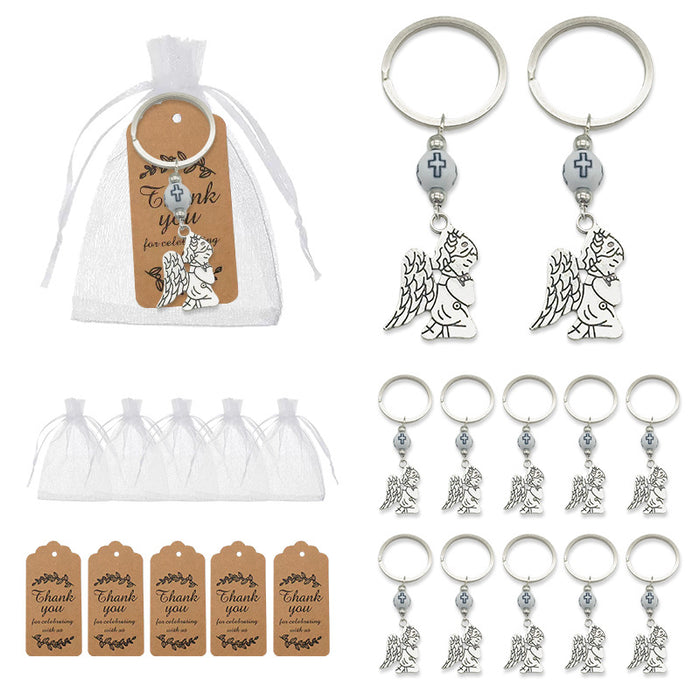 Silver-Tone Winged Angel Keychain With Cross Bead And Split Ring