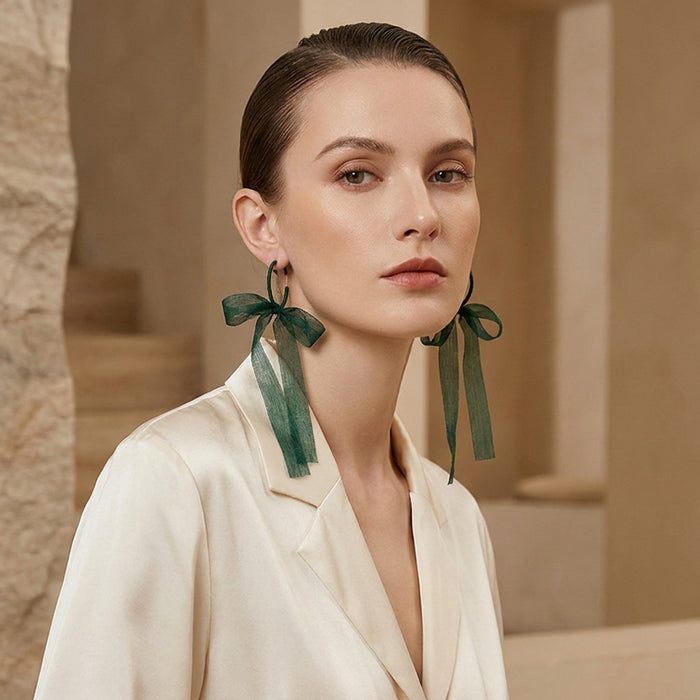 Green and Leopard Ribbon Bow Extra Long Hoop Earrings