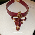 Red Leather Bull Skull Pendant Choker Necklace Decorative Jewelry Design view 2