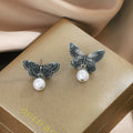 Asymmetric Engraved Butterfly Pearl Drop Stud Earrings view 6