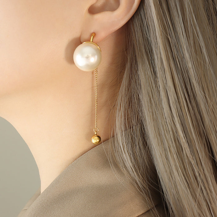 Gold Faux Pearl Stud Earrings Chain Tassel Ball Charm