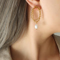 Double Bead Oval Hoop Pearl Drop Earrings Gold Steel view 6