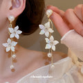 White Floral Branch Drop Earrings With Pearl Accents view 1