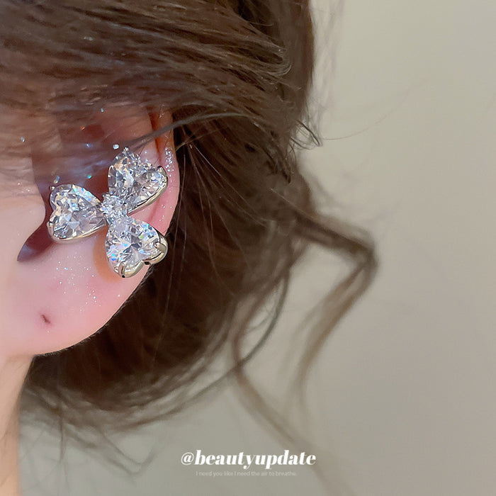 Crystal Clover Ear Clip with Silver Tone Setting and Clear Stones