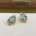 Mint Green Enamel Pearl Floral Stud Earrings Gold Frame view 4
