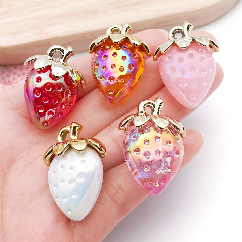 Iridescent Plated Transparent Acrylic 3D Strawberry Charm Pendant for Keychain Phone Strap Making